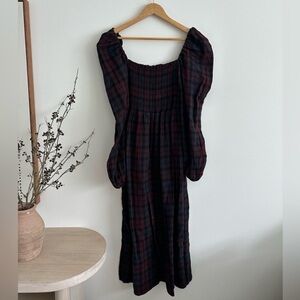 Smocked Plaid Maxi Dress in Dark Burgundy and Black